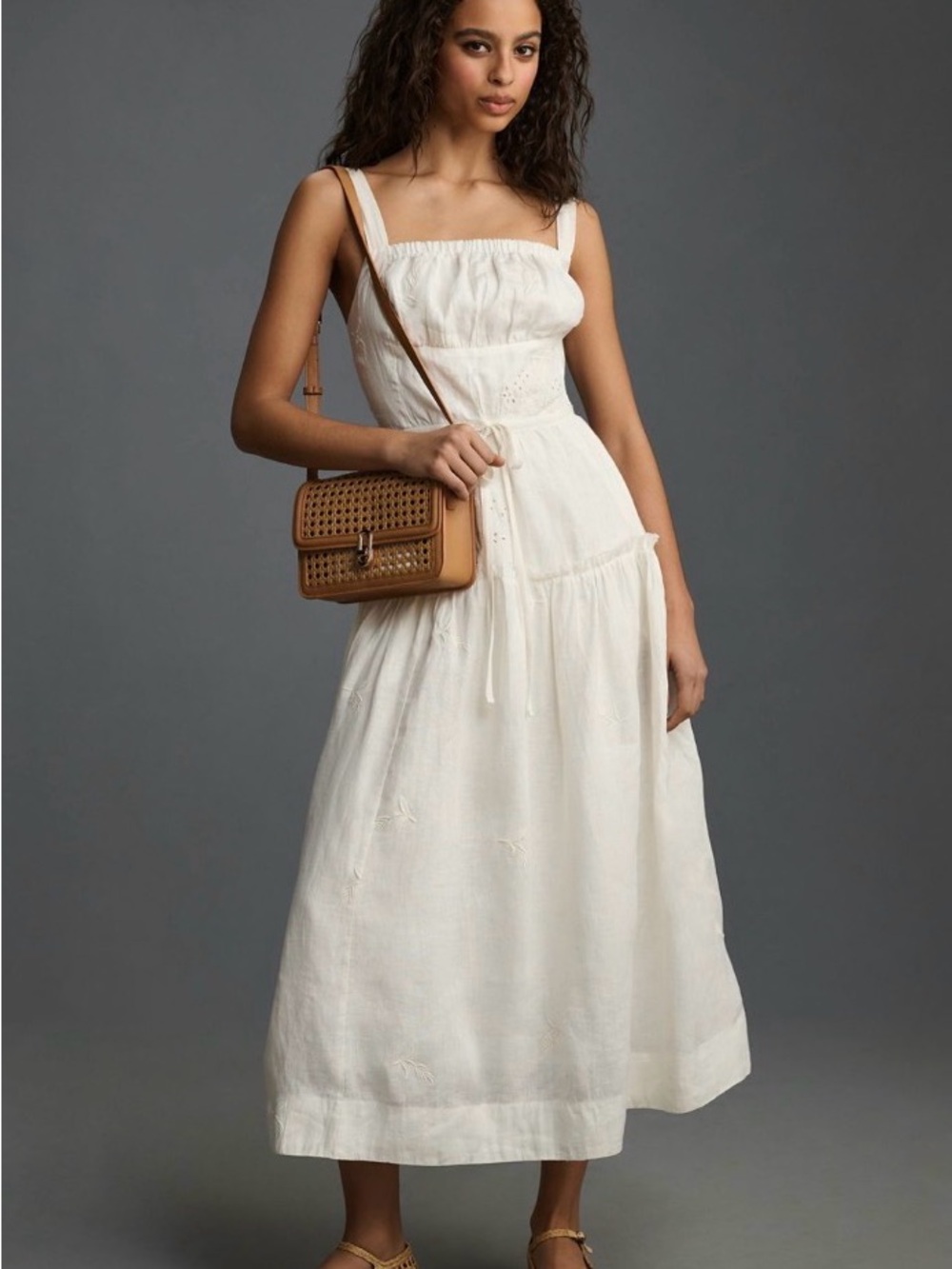Anthropologie size XS ivory 100% linen embroidered sundress